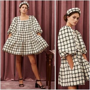 Sister Jane Supper Club Tweed Mini Dress Ivory Black Gold Metallic Overs…